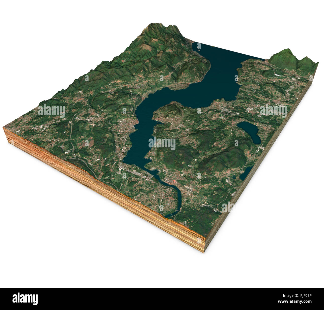 Sat-Blick auf den Lago Maggiore, Karte, Berge und Reliefs, 3d-Abschnitt. 3D-Rendering. Lombardei, Piemont. Italien. Stockfoto