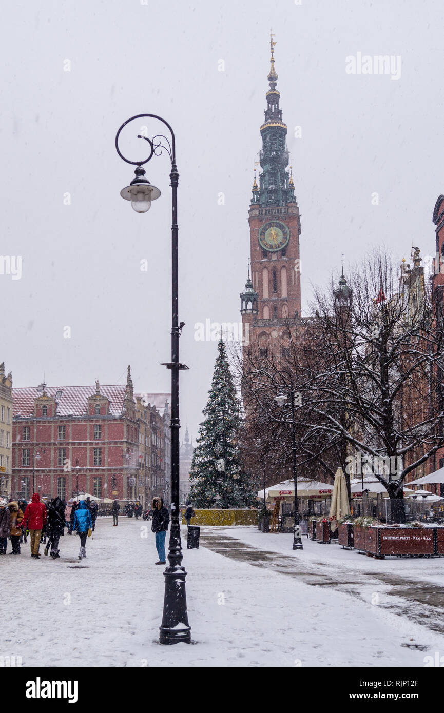 Ratusz, Rathaus, Renaissance, 1556, bei Schneewetter, Długi Targ, Langer Markt, Danzig, Polen Stockfoto