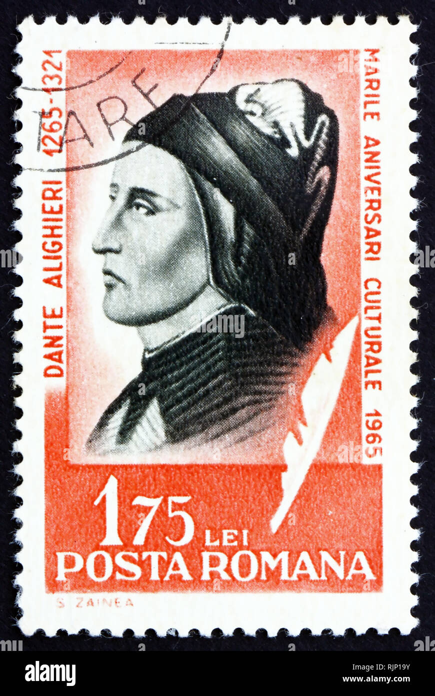 Rumänien - ca. 1965: ein Stempel im Rumänien gedruckten zeigt Dante Alighieri, italienischer Dichter, ca. 1965 Stockfoto