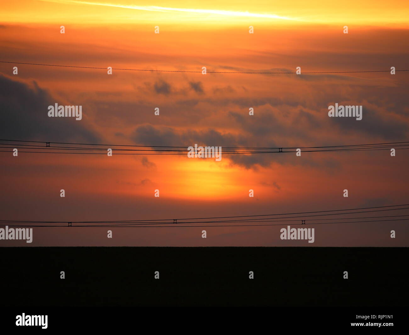 Stromleitungen und Golden Sunset, Bedfordshire, England, Großbritannien Stockfoto
