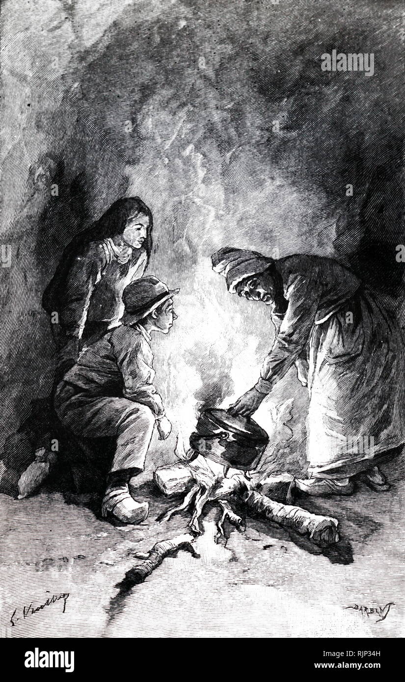 Eine Gravur der Darstellung einer Frau eine marmite auf einem offenen Feuer. Vom 19. Jahrhundert Stockfoto