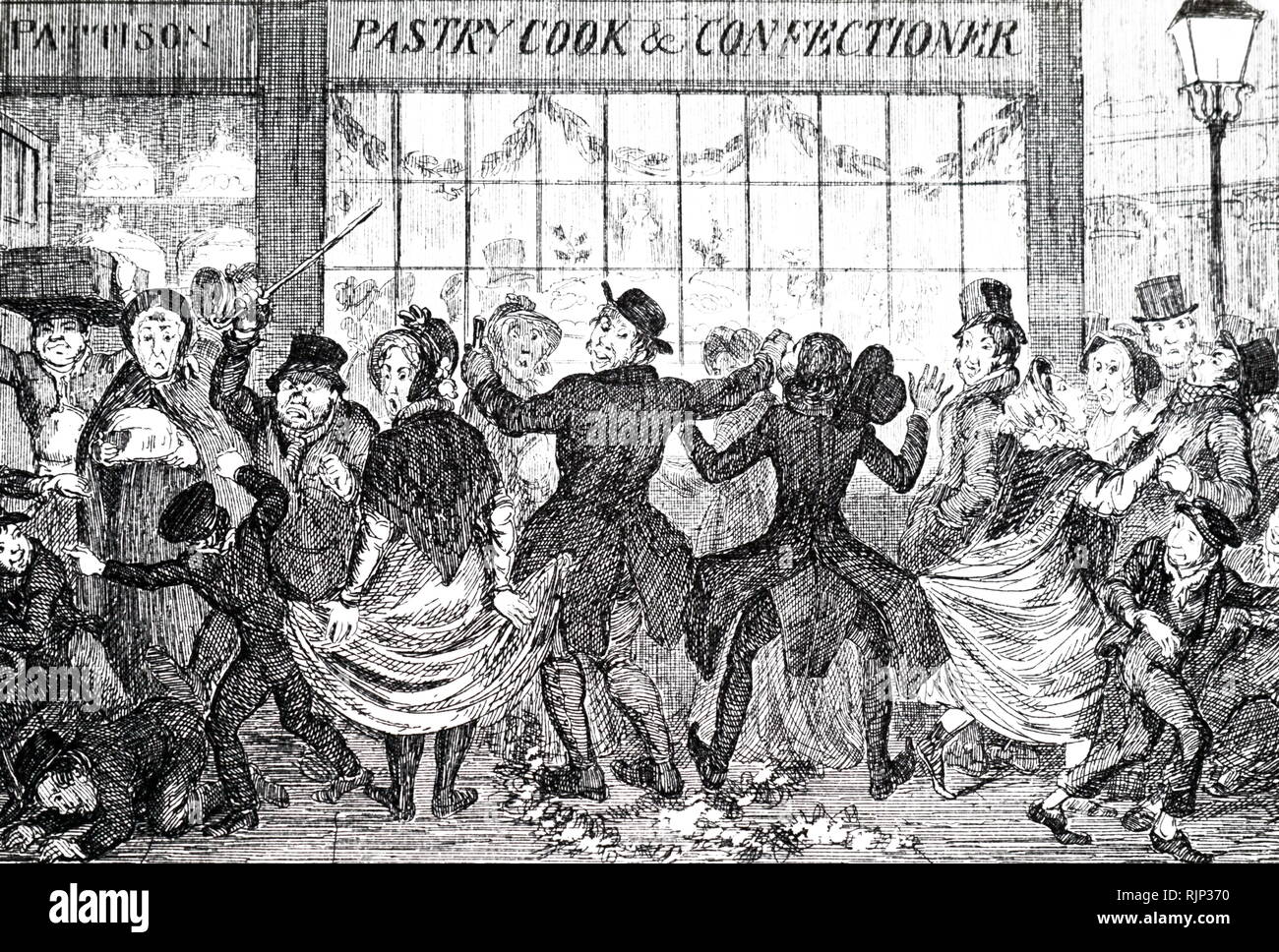 Eine Karikatur, die Straßenkindern Verwüstung in der Masse außerhalb einer confiseur und Konditor shop auf die Zwölfte Nacht. Mit Ill. von George Cruikshank. Vom 19. Jahrhundert Stockfoto