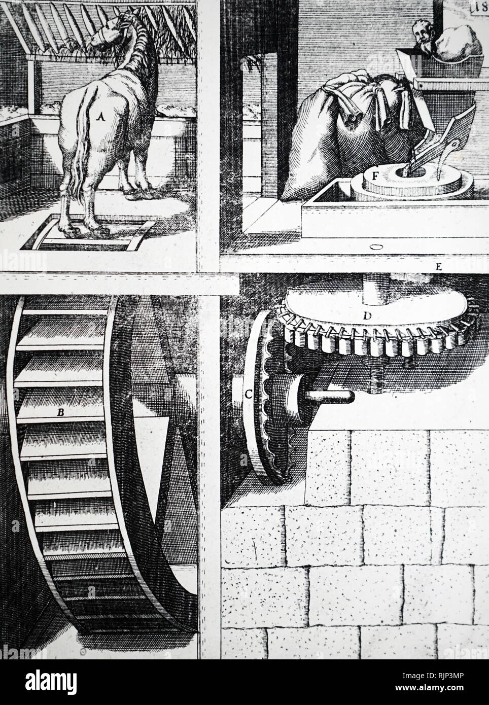 Ein holzschnitt Kupferstich mit der Darstellung eines Pferdes - angetriebene Mühle datiert aus dem 17. Jahrhundert Stockfoto