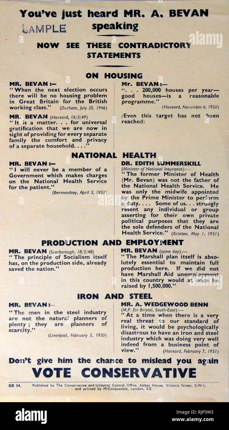 1951 Wahl Merkblatt für die Britische Konservative Partei, der Gründer des NHS Bevan. Aneurin Bevan als Gesundheitsminister, steuerte die Errichtung des NHS, am 5. Juli 1948. Der National Health Service (NHS) ist der öffentliche Gesundheitsdienst in Großbritannien. Stockfoto