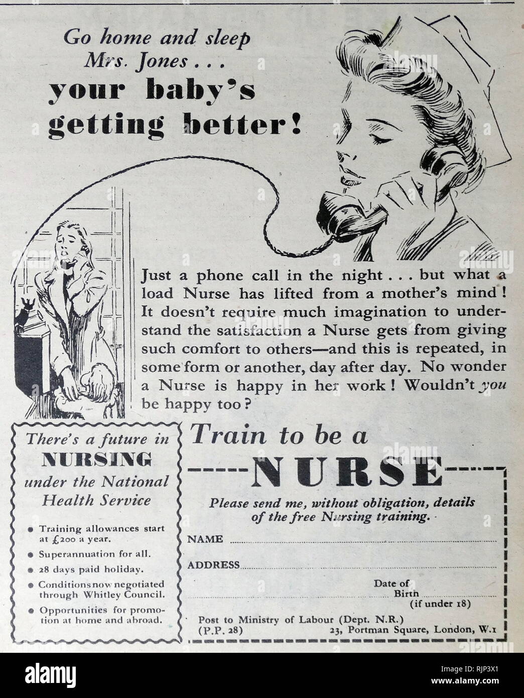 Anzeige Einstellung von Krankenschwestern in den neuen NHS Medical Service, 1949. Der National Health Service (NHS). Aneurin Bevan als Gesundheitsminister, steuerte die Errichtung des NHS, am 5. Juli 1948. Der National Health Service (NHS) ist der öffentliche Gesundheitsdienst in Großbritannien. Stockfoto