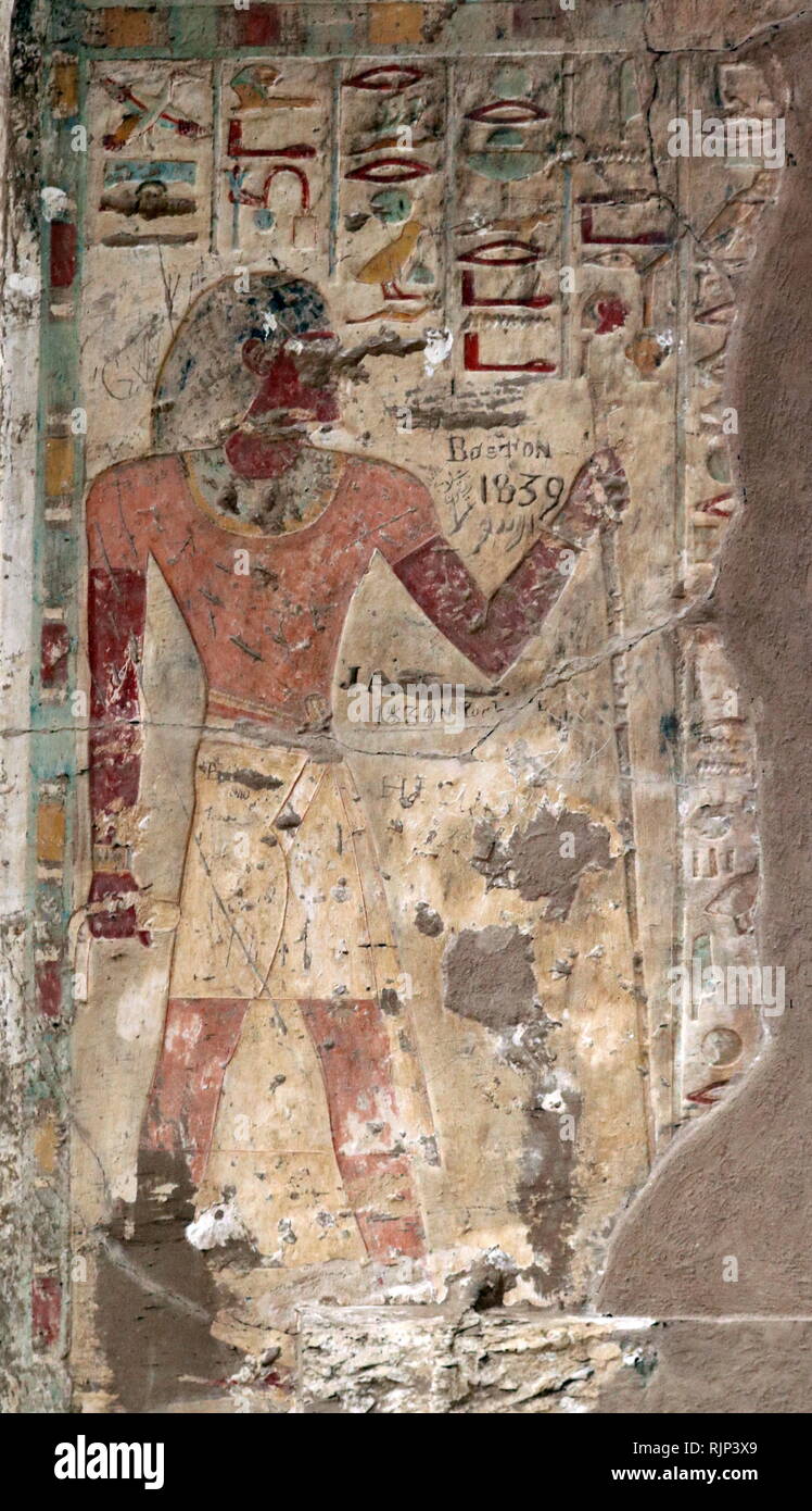 Ein Foto in das Grab von Renni genommen, die "Aufseher der Priester der Nekhbet' in der Zeit von Amenhotep I. in Elkab, liegt 90 km südlich von Theben. Amenhotep I. war der zweite Pharao der 18. Dynastie in Ägypten. Seine Herrschaft ist im Allgemeinen von 1526 bis 1506 v. Chr. datiert. Stockfoto