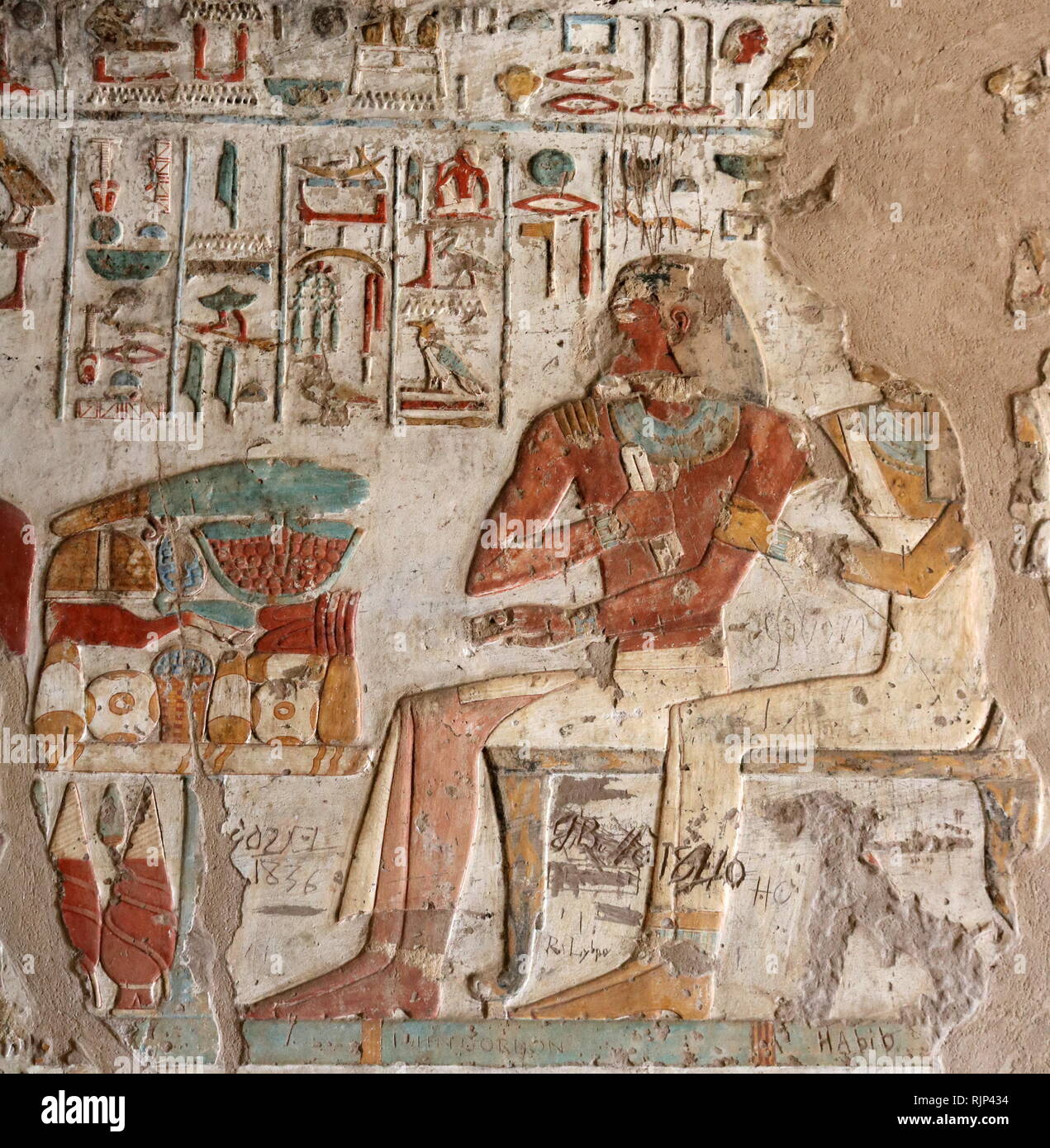 Ein Foto in das Grab von Renni genommen, die "Aufseher der Priester der Nekhbet' in der Zeit von Amenhotep I. in Elkab, liegt 90 km südlich von Theben. Amenhotep I. war der zweite Pharao der 18. Dynastie in Ägypten. Seine Herrschaft ist im Allgemeinen von 1526 bis 1506 v. Chr. datiert. Stockfoto