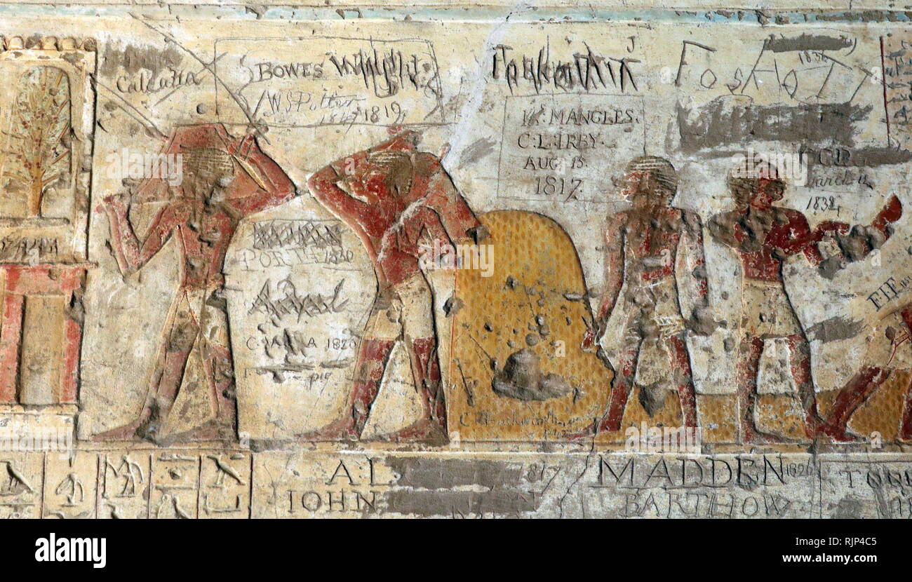 Ein Foto in das Grab von Renni genommen, die "Aufseher der Priester der Nekhbet' in der Zeit von Amenhotep I. in Elkab, liegt 90 km südlich von Theben. Amenhotep I. war der zweite Pharao der 18. Dynastie in Ägypten. Seine Herrschaft ist im Allgemeinen von 1526 bis 1506 v. Chr. datiert. Stockfoto