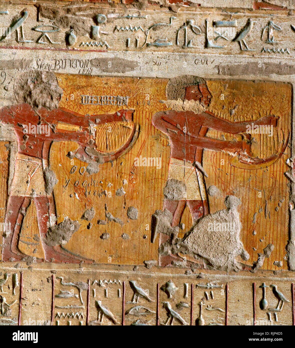 Ein Foto in das Grab von Renni genommen, die "Aufseher der Priester der Nekhbet' in der Zeit von Amenhotep I. in Elkab, liegt 90 km südlich von Theben. Amenhotep I. war der zweite Pharao der 18. Dynastie in Ägypten. Seine Herrschaft ist im Allgemeinen von 1526 bis 1506 v. Chr. datiert. Stockfoto