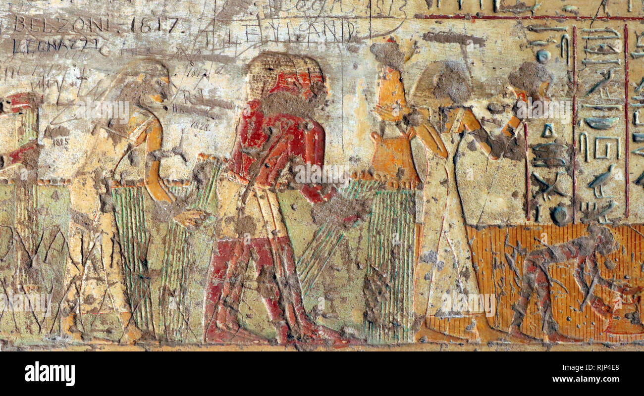 Ein Foto in das Grab von Renni genommen, die "Aufseher der Priester der Nekhbet' in der Zeit von Amenhotep I. in Elkab, liegt 90 km südlich von Theben. Amenhotep I. war der zweite Pharao der 18. Dynastie in Ägypten. Seine Herrschaft ist im Allgemeinen von 1526 bis 1506 v. Chr. datiert. Stockfoto