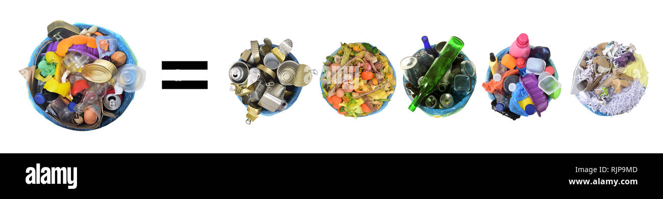 Müll ohne Wiederverwertung, Recycling Müll auf weißem Hintergrund Stockfoto