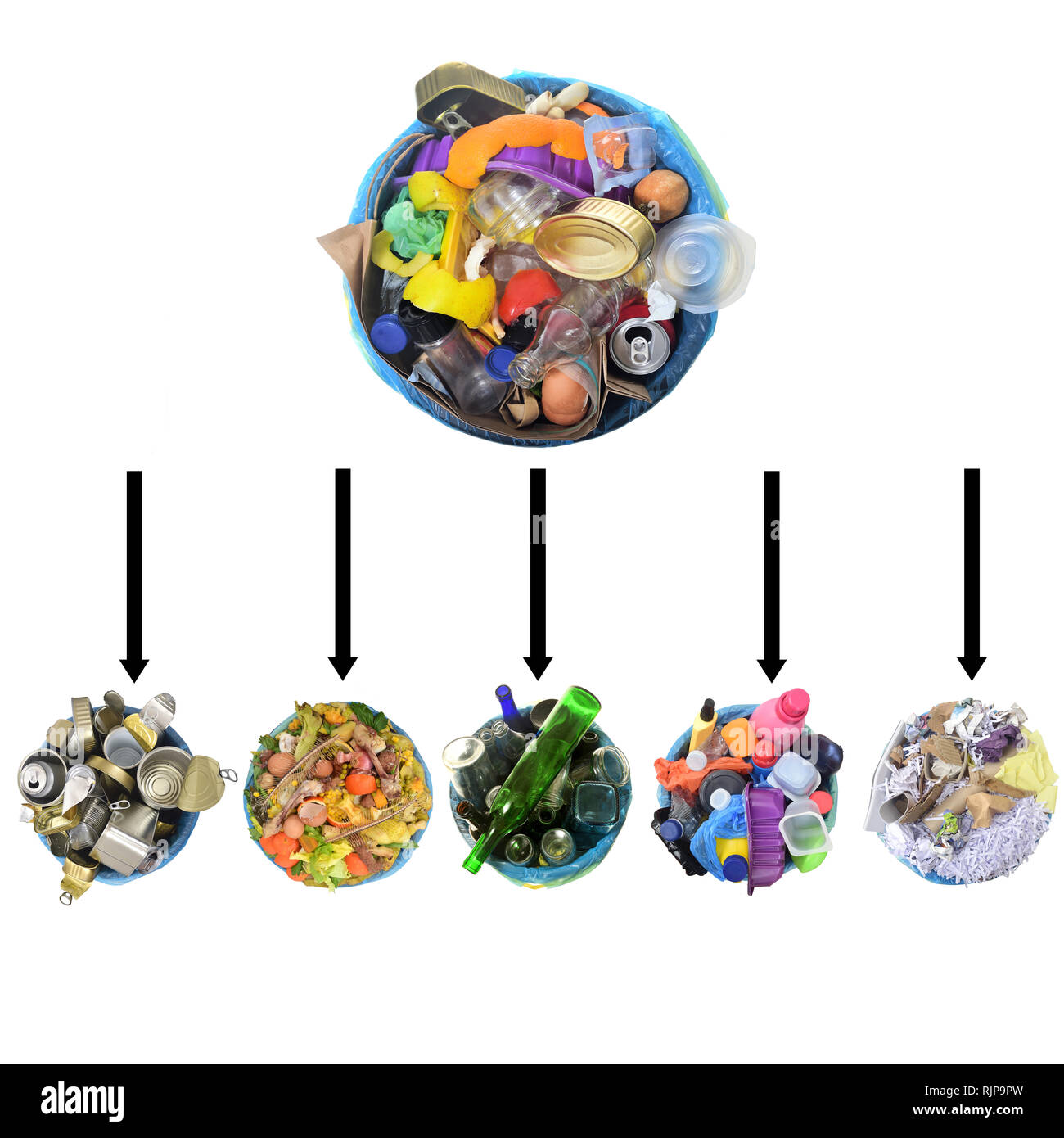 Müll ohne Wiederverwertung, Recycling Müll auf weißem Hintergrund Stockfoto