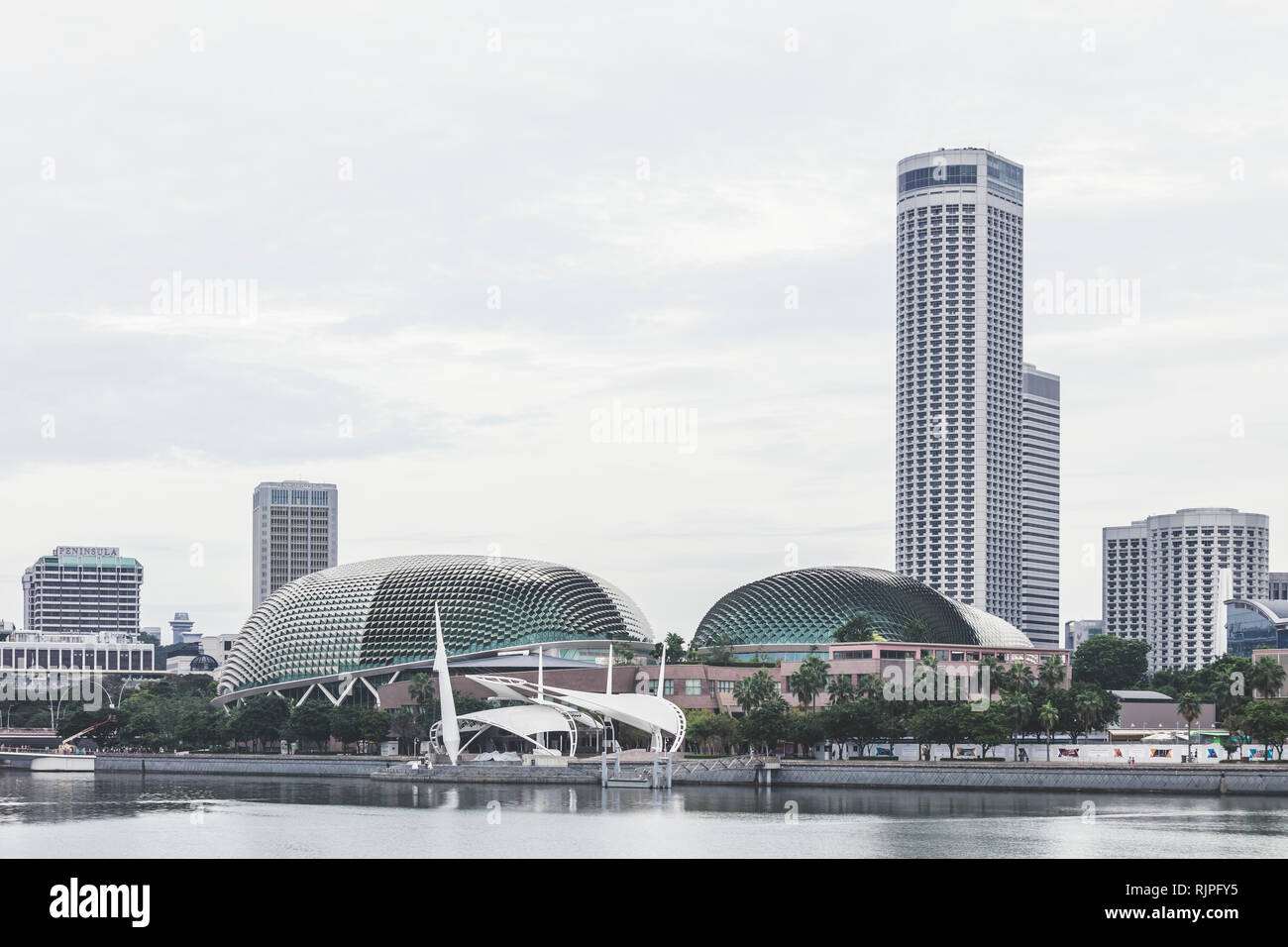 Singapur Esplanade Theater an der Bucht architektonischen Nahaufnahme details Luftaufnahme im eleganten Retro gedeckten Farben Stockfoto