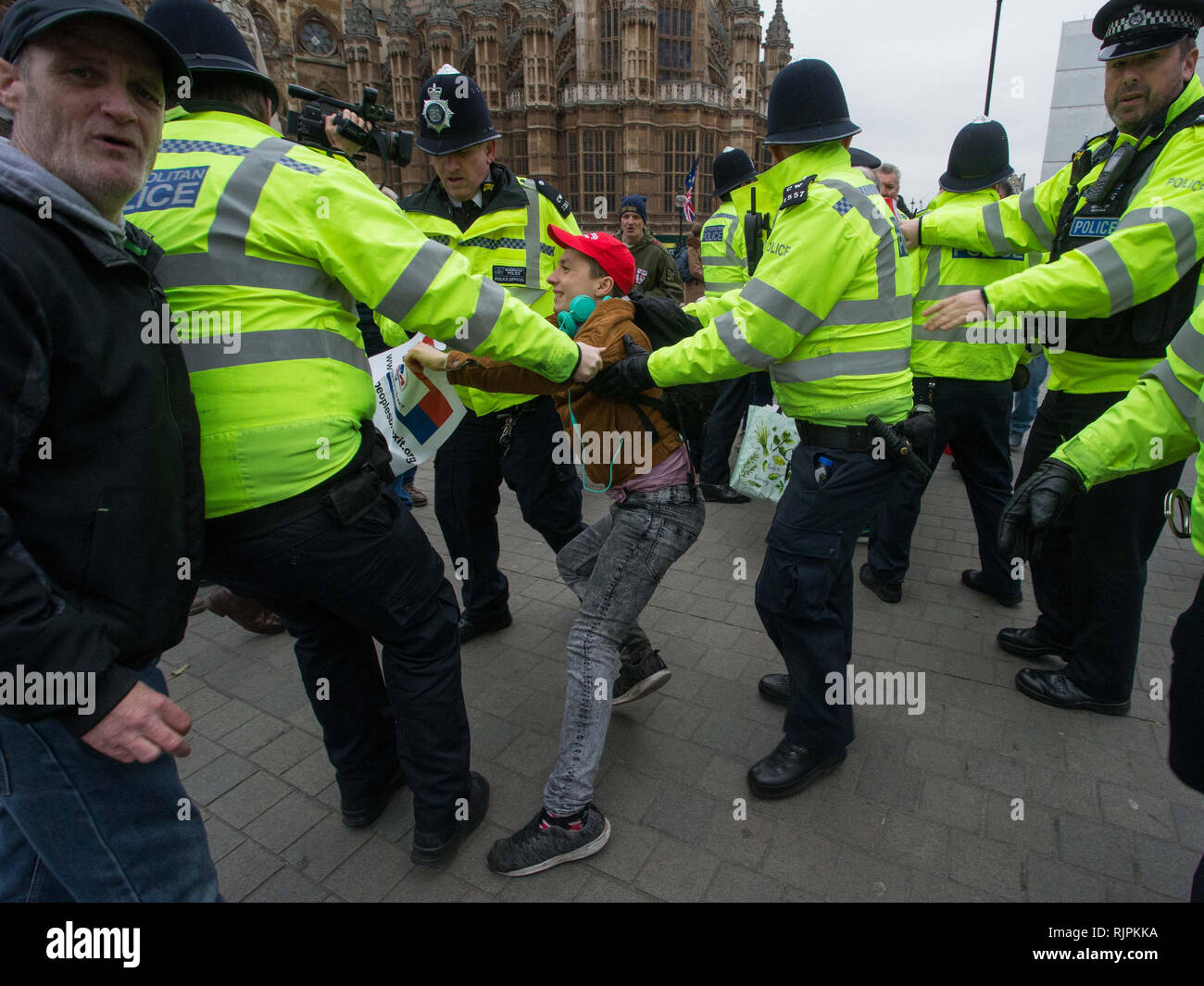 Demonstrant aus der Gruppe tragen HiViz Lätzchen ist in Gewahrsam genommen von Polizeibeamten gegenüber dem House of Lords, Westminster. Mit: Atmosphäre, Aussicht, Max Hammet-Millay Wo: London, Vereinigtes Königreich, wenn: 07 Jan 2019 Credit: Wheatley/WANN Stockfoto