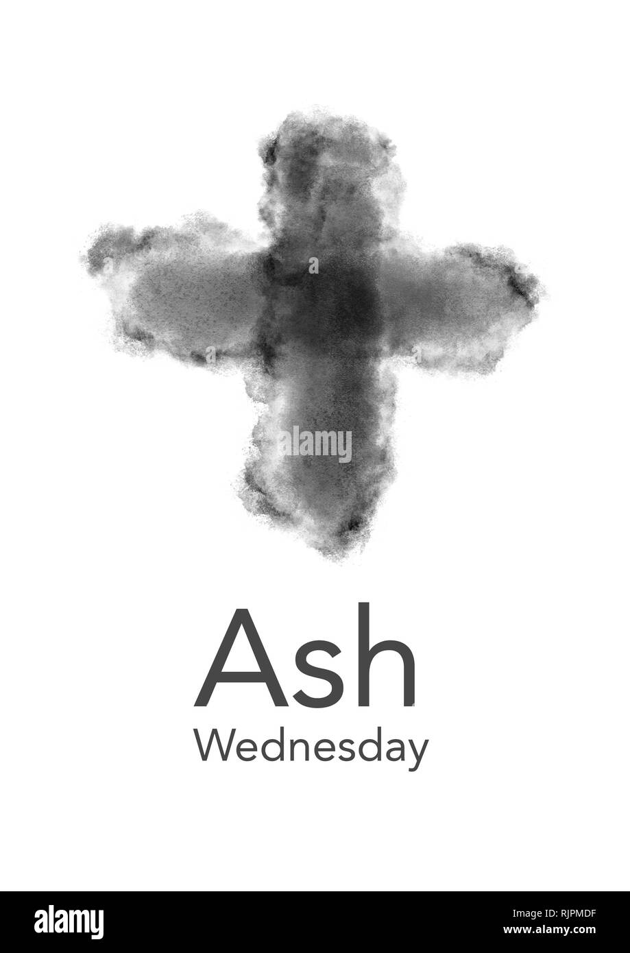 Digitale Aquarelle Abbildung: Ashy, Grau, Schwarzes Quadrat Kreuz auf weißem Hintergrund isoliert, mit Worten "Aschermittwoch". Stockfoto