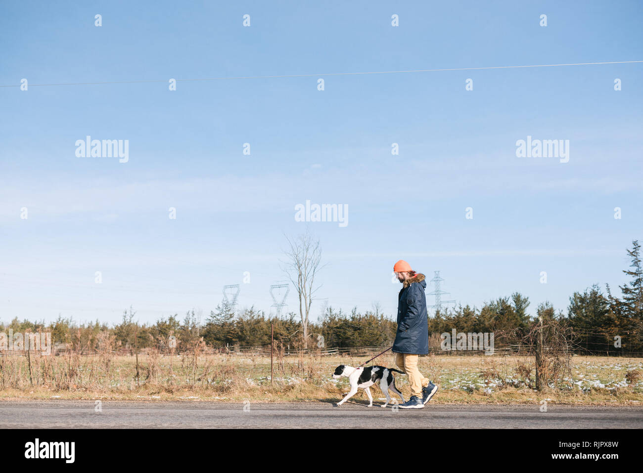 Mann, Hund in der Landschaft Stockfoto