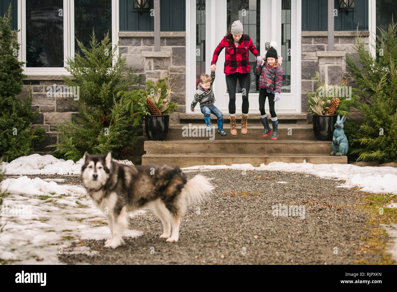 Familie mit Hund verlassen Haus zu gehen Stockfoto
