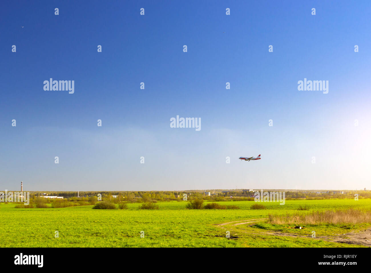 Passagierflugzeug landet auf Start- und Landebahn am Flughafen Pulkowo. Jets am Himmel über dem Feld. Passagier- und Frachtverkehr auf den großen internationalen Flughafen von St. Petersburg, Russland Stockfoto