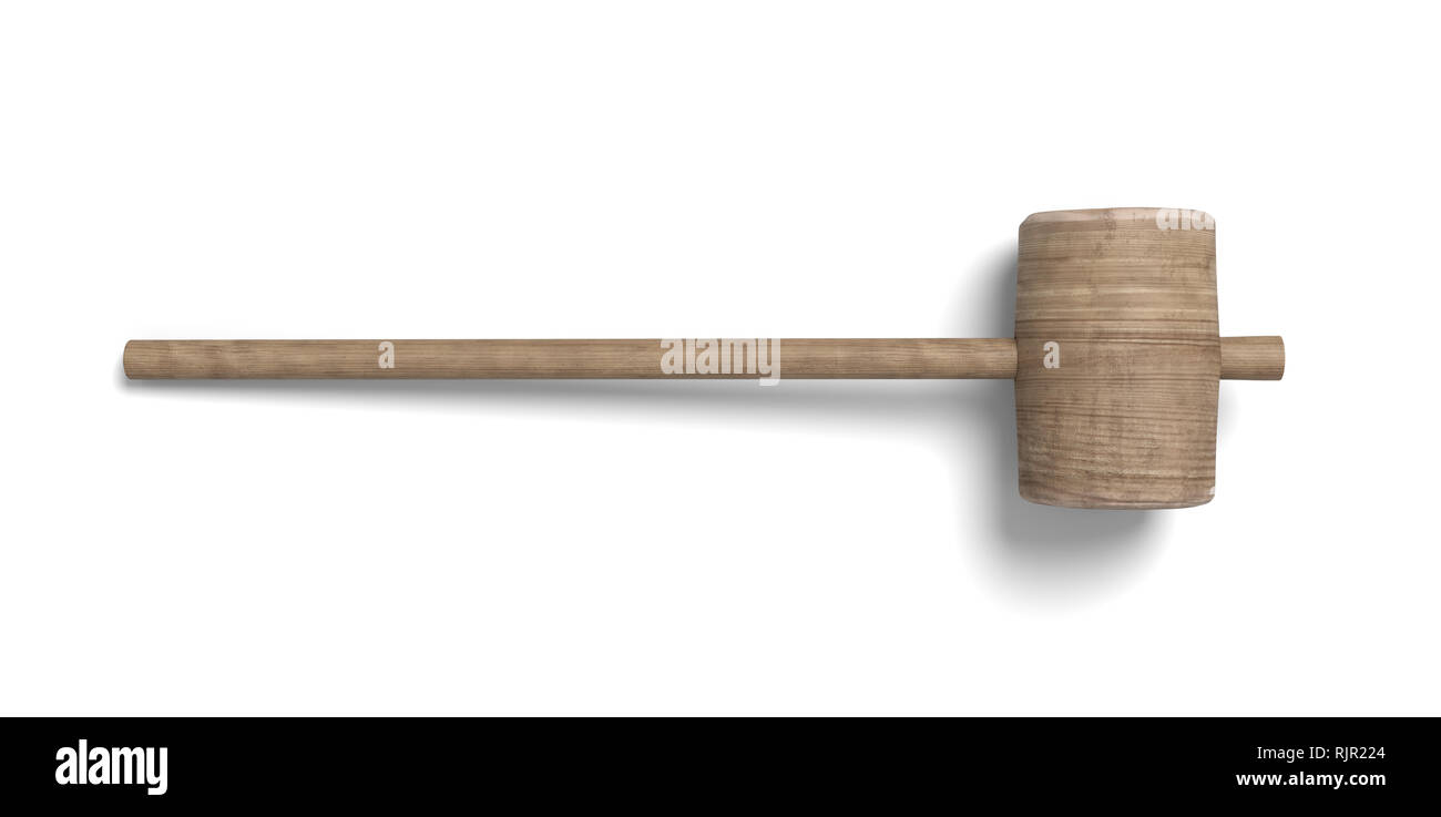 3D-Rendering von hölzernen Hammer mit langen dünnen Griff und einen großen runden Kopf. Carpenter's Ausrüstung. Holz Kunsthandwerk. Haushaltsgegenstände. Stockfoto