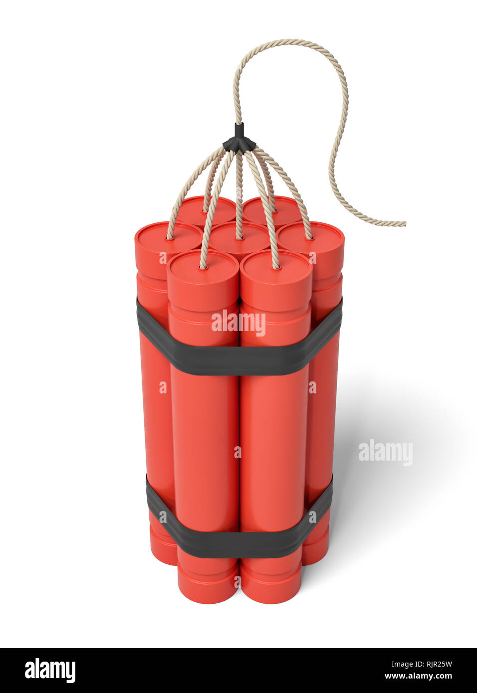 3D-Rendering von Batch von TNT Dynamite Sticks auf weißem Hintergrund. Cartoon Design. Abbildung. Explosive Stoffe. Stockfoto