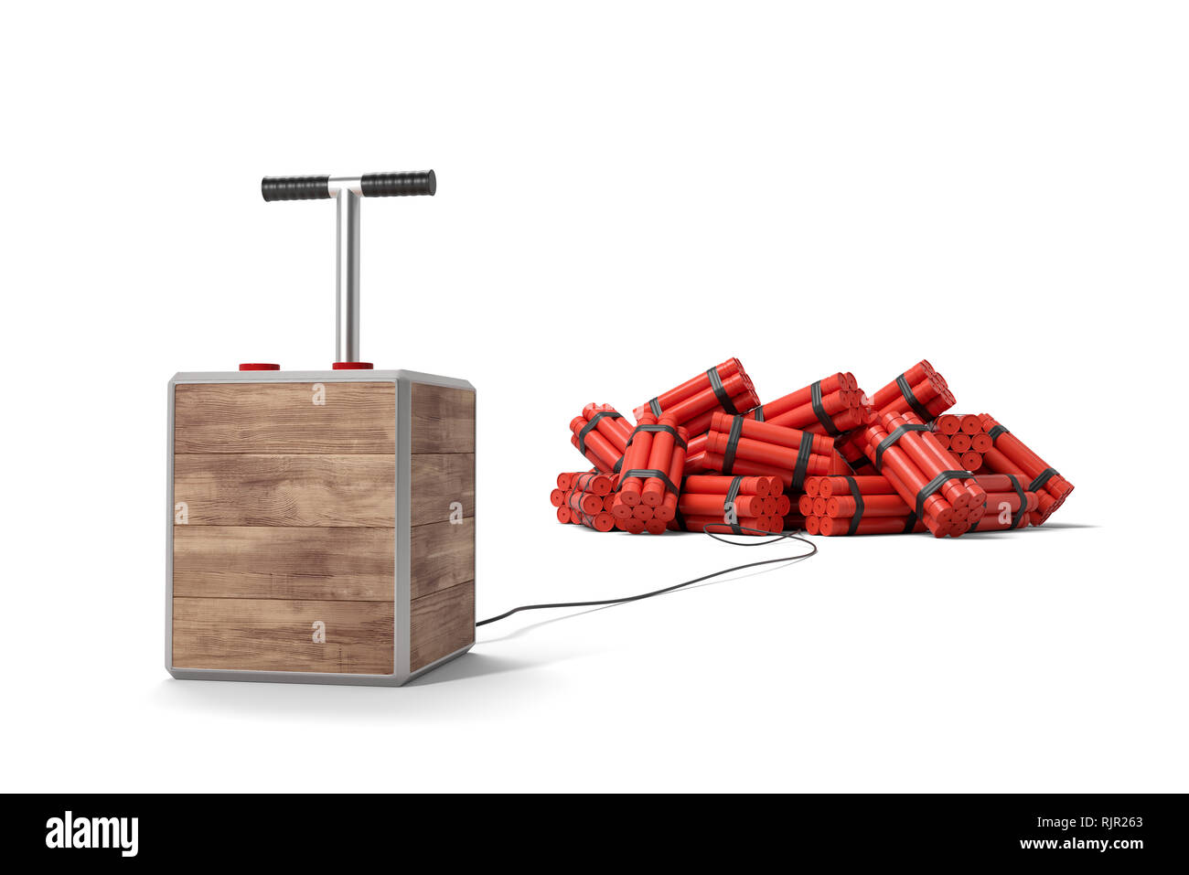 3D-Rendering von tnt Dynamite Sticks mit detonator Box auf weißem Hintergrund. Digitale Kunst Strahlmaschine. Kolben Detonator. Stockfoto