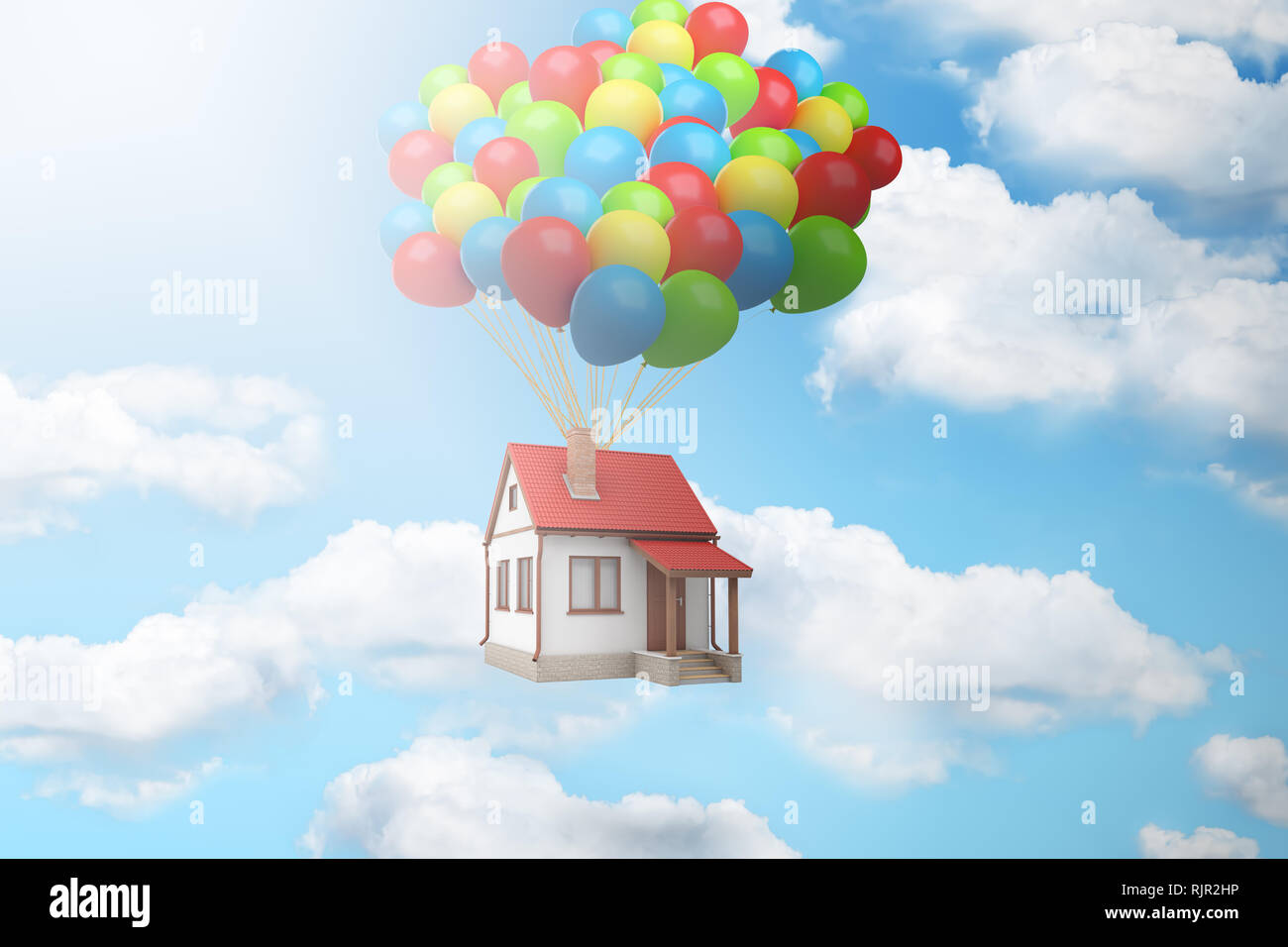 3D-Rendering eines Hauses hob in der Luft von einem großen Bündel Luftballons gegen den blauen Himmel mit weißen Wolken. Stockfoto