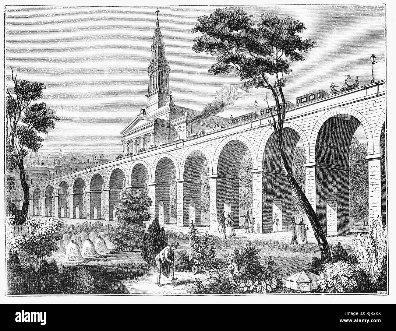 Die London Bridge-Greenwich Eisenbahnviadukt der ehemaligen London und Greenwich Bahnstrecke. Mit 851 Rundbögen und 27 skew Bögen oder straßenbrücken Es ist der längste Lauf der Bögen in Großbritannien und eine der ältesten Eisenbahn Viadukte in der Welt, und das früheste Beispiel eines völlig Hochbahn Linie. Es wurde zwischen 1834 und 1836 gebaut. Stockfoto
