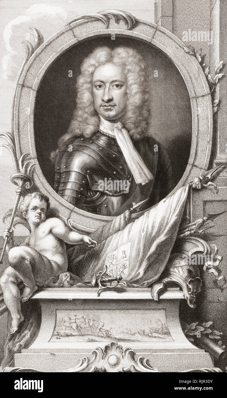 Charles Mordaunt, 3rd Earl of Peterborough und 1. Earl of Monmouth, 1658 bis 1735. Englischer Adeliger und militärischer Führer. Aus der Ausgabe 1813 Der Leiter der illustren Personen von Großbritannien, gestochen von Herrn Houbraken und Herr Vertue mit Ihrem Leben und Zeichen. Stockfoto