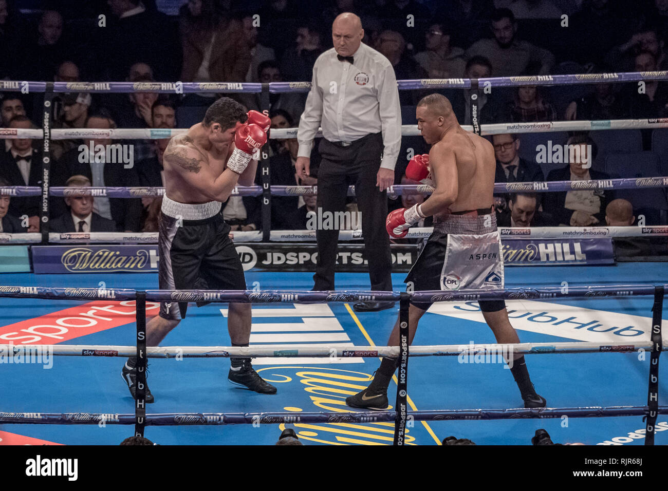 Fabio Wardley vs Morgan Dessaux Europäischen super welterweight Champion Titel in der O2 Arena. Stockfoto