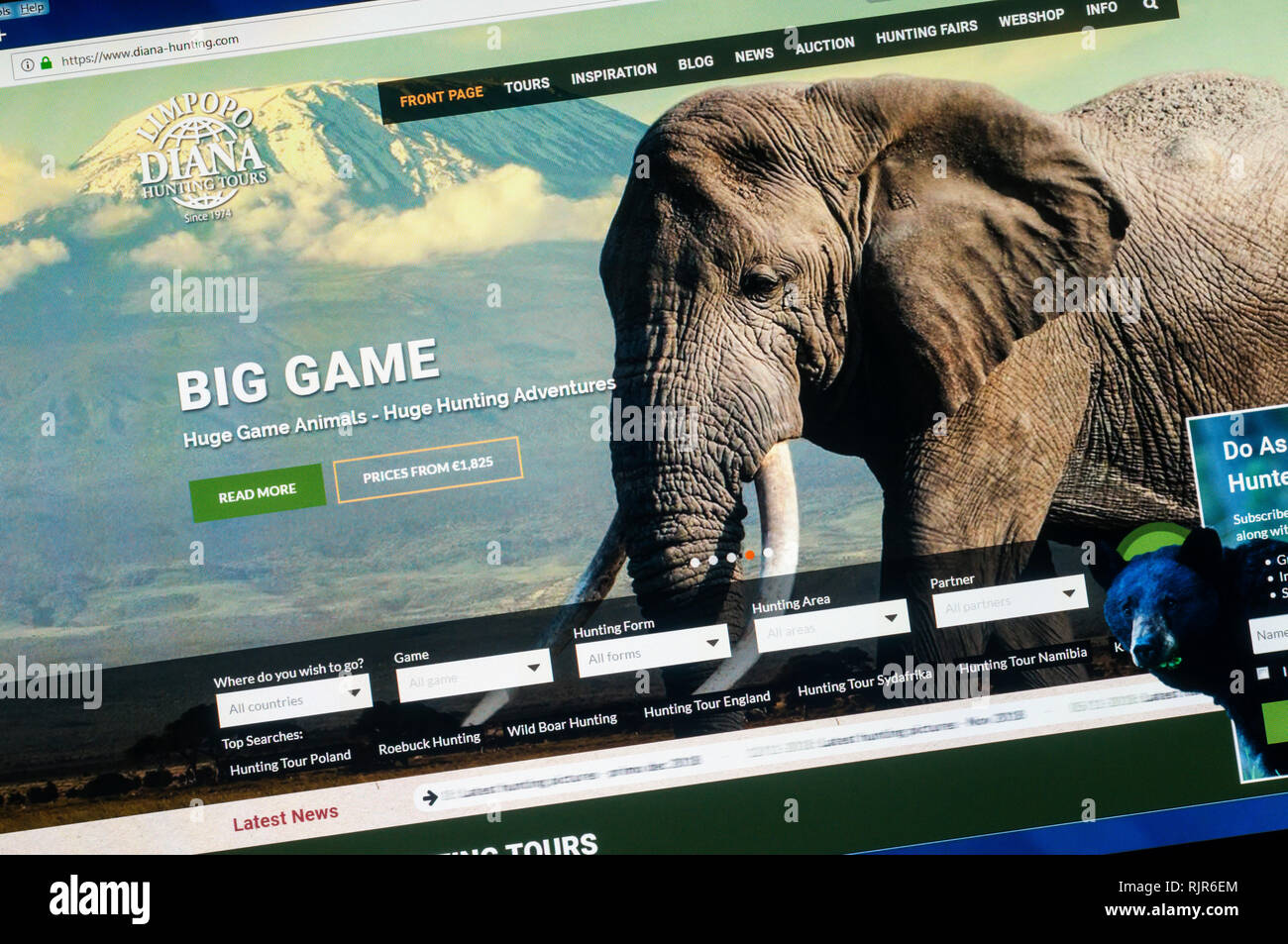 Homepage der Website von Diana Jagd Touren Förderung ihrer big game hunting Tours. Stockfoto