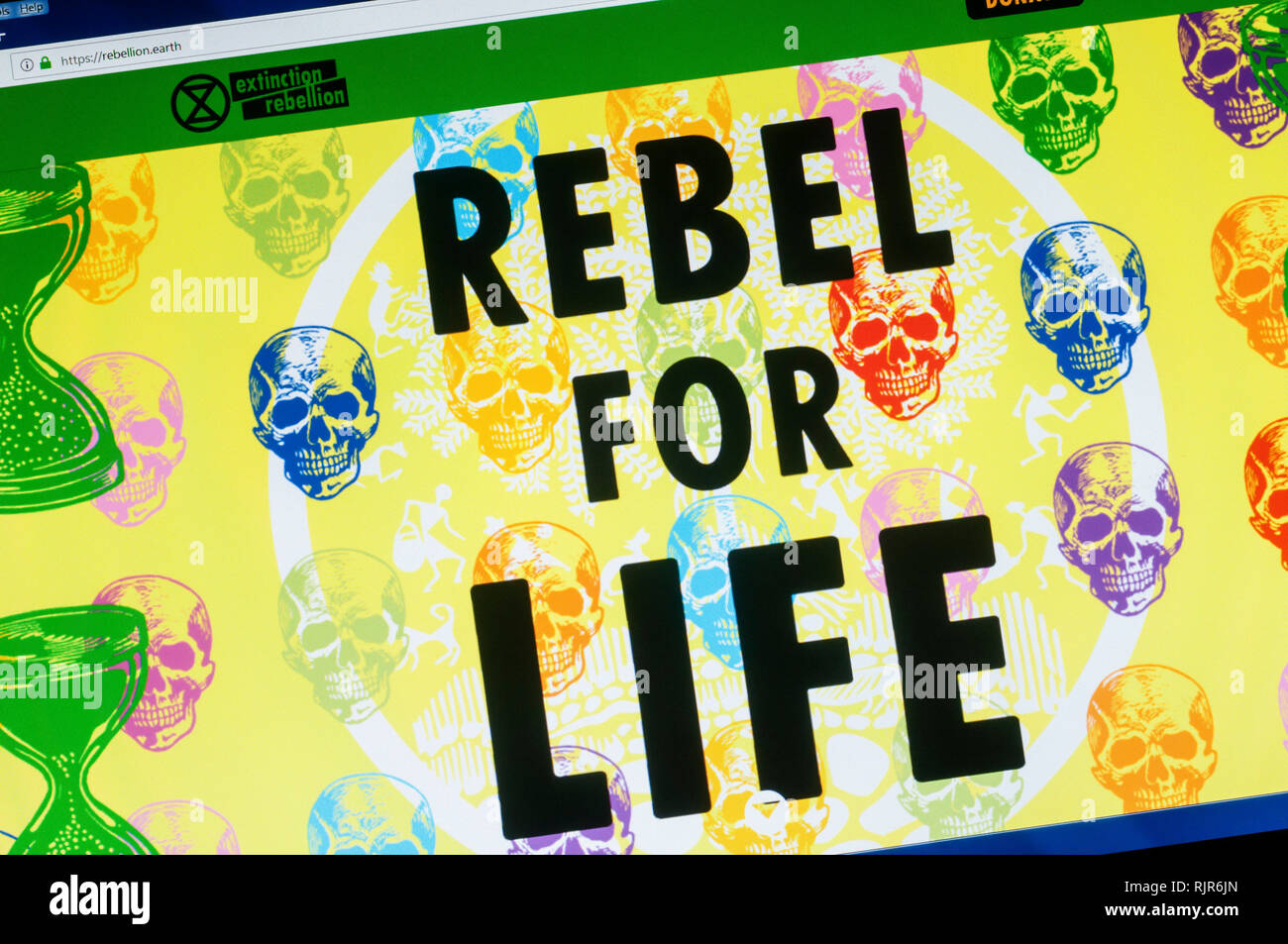 Startseite der Website des Aussterbens Rebellion die internationale soziale Bewegung über den Klimawandel zu protestieren. Stockfoto