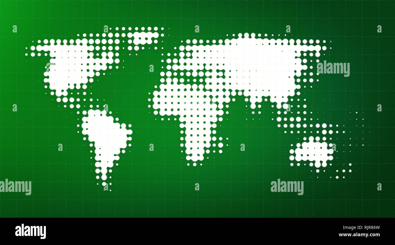 Abstract weiß gepunkteten Weltkarte auf eine weiche und verschwommenes grün Verlaufshintergrund mit quadratischen Raster aus gestrichelten Linien. Stockfoto