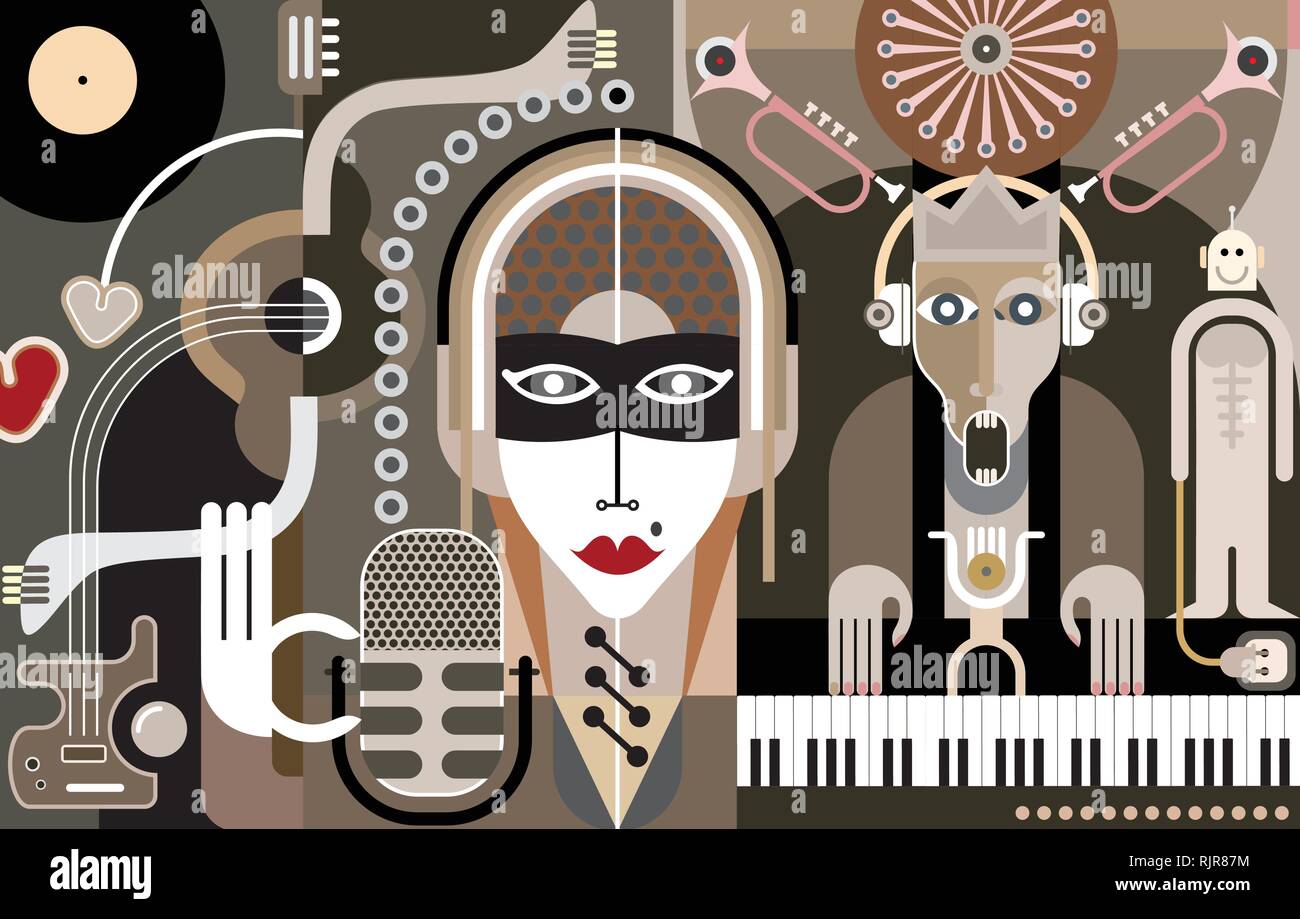 Konzert der Modernen Musik - abstrakt Vector Illustration. Schöne Mädchen mit Mike singen Song. Ein Musiker spielt Klavier Keyboard. Stock Vektor