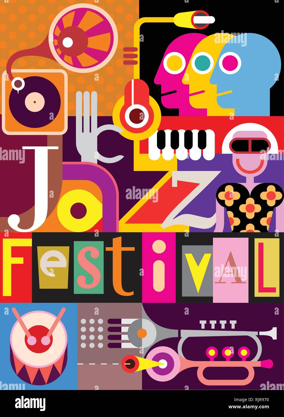 Musikalische abstrakte collage-Vector Illustration mit Musikinstrumenten und Inschrift "Jazz Festival". Design mit Schriften. Stock Vektor