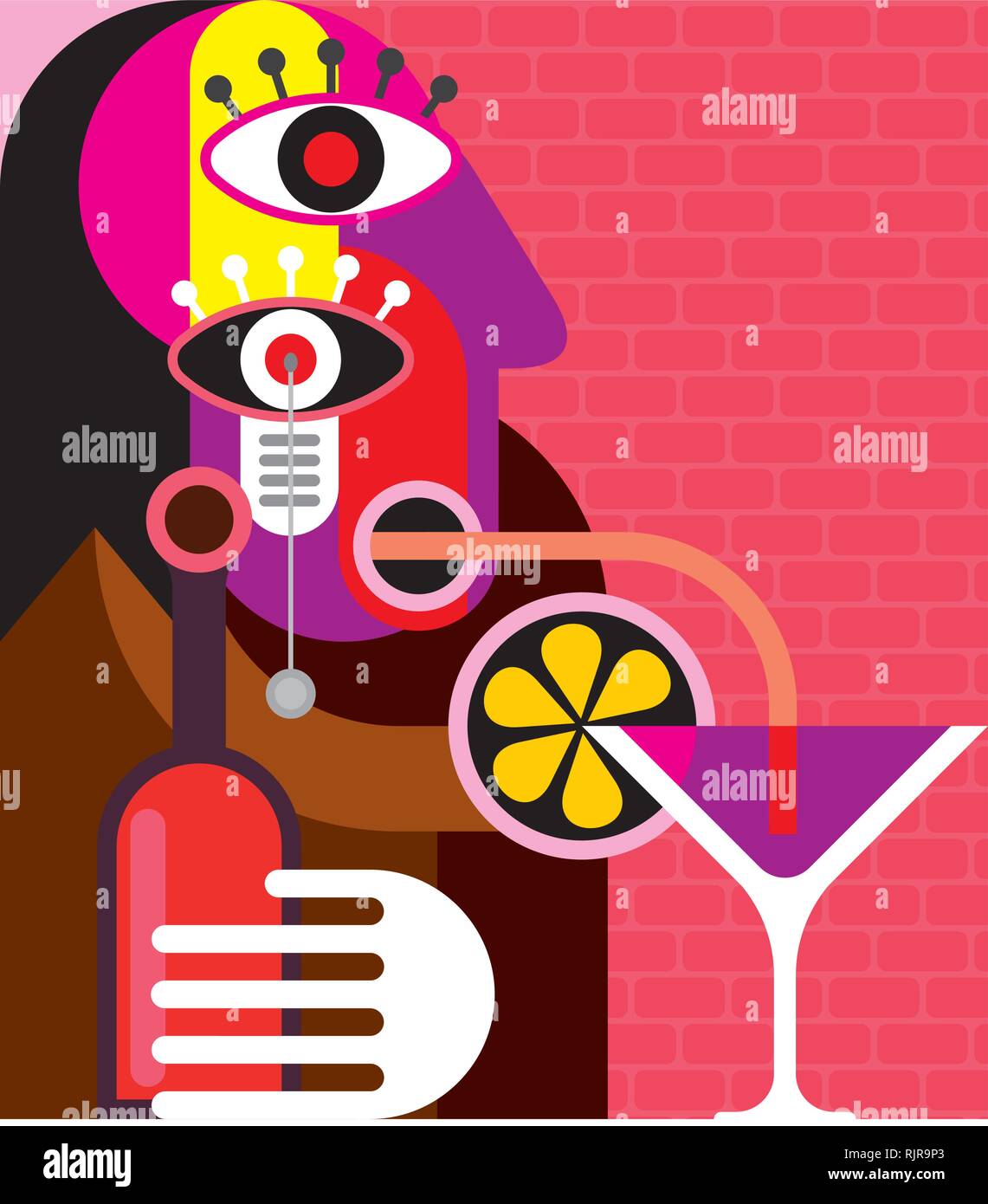 Einsame Frau trinkt ein Cocktail - abstract Vector Illustration. Kunst arbeiten. Stock Vektor