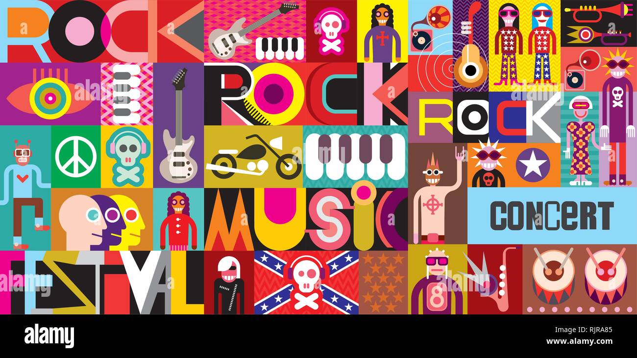 Rock konzert Poster. Musikalische collage-Vector Illustration mit Inschriften' Rock Festival', 'Rock' und 'Rock Concert". Stock Vektor