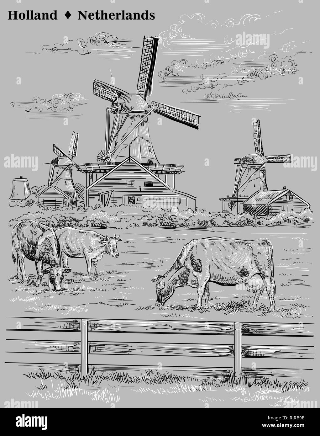 Vektor hand Zeichnung Abbildung von Wassermühlen in Holland, Niederlande. Wassermühle und grasende Kühe auf der Wiese. Vektor Skizze Handzeichnung Lllustrat Stock Vektor