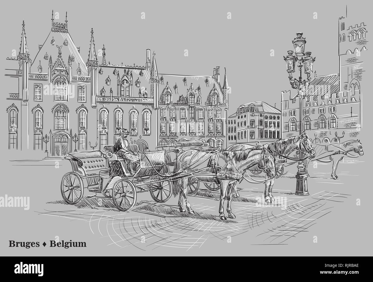 Blick auf den Grote Markt mit Pferden, Kutschen und Laternen in der mittelalterlichen Stadt Brügge, Belgien. Vektor hand Zeichnung Abbildung in Schwarz und Weiß c Stock Vektor