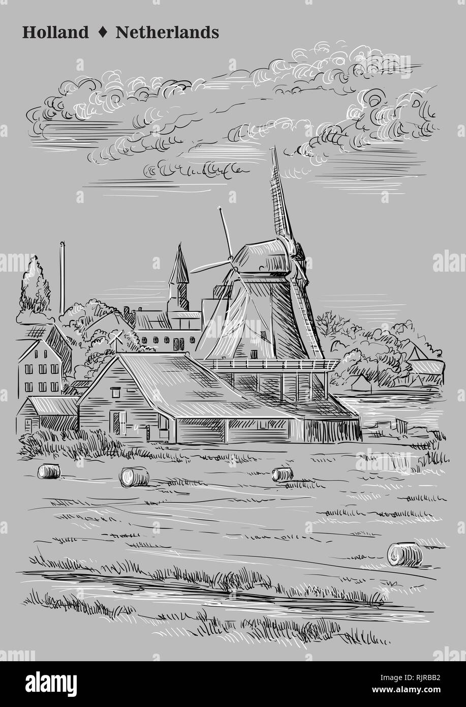 Vektor hand Zeichnung Abbildung von Wassermühlen in Holland, Niederlande. Wassermühlen auf der Wiese. Vektor Skizze hand Zeichnung Abbildung in Schwarz und Stock Vektor