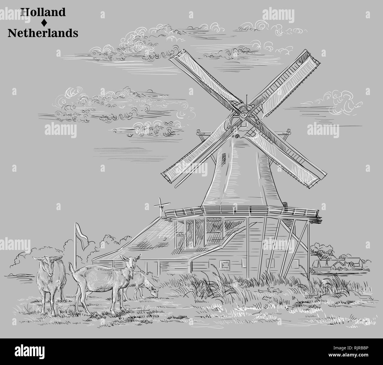 Vektor hand Zeichnung Abbildung von Wassermühlen in Holland, Niederlande. Wassermühle und Ziegen weiden auf der Wiese. Vektor Skizze Handzeichnung illustra Stock Vektor