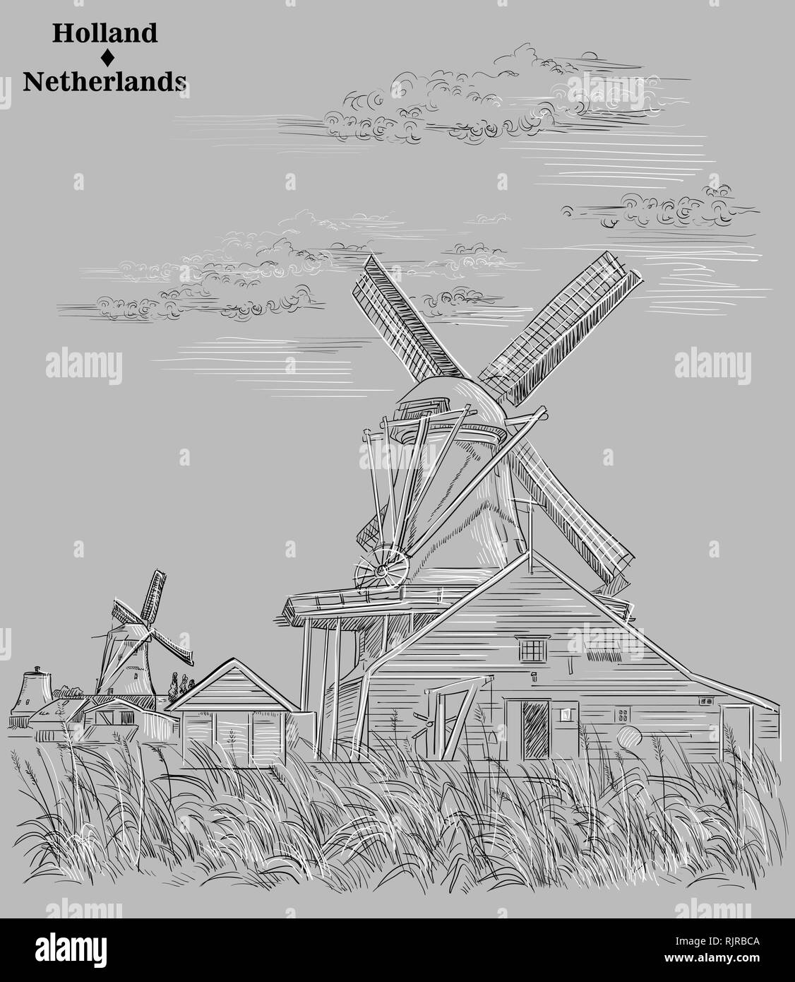 Vektor hand Zeichnung Abbildung von Wassermühlen in Holland, Niederlande. Wassermühlen auf der Wiese. Vektor Skizze hand Zeichnung Abbildung in Schwarz und Stock Vektor