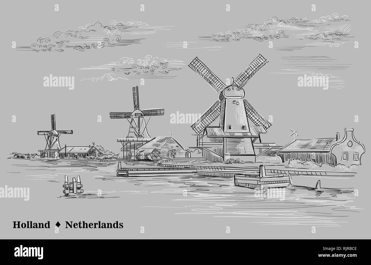 Vektor hand Zeichnung Abbildung von Wassermühlen in Holland, Niederlande. Blick auf den Bahndamm, Pier und Wassermühlen. Vektor Skizze Handzeichnung illustrati Stock Vektor