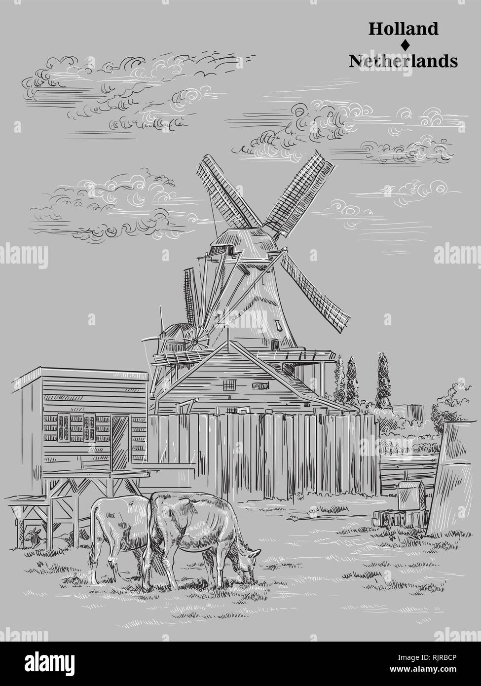 Vektor hand Zeichnung Abbildung von Wassermühlen in Holland, Niederlande. Wassermühle und grasende Kühe auf der Wiese. Vektor Skizze Handzeichnung Lllustrat Stock Vektor