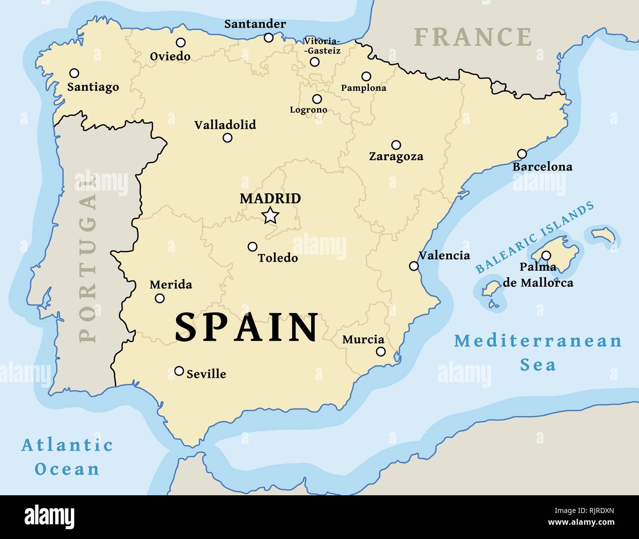Karte von Spanien - Vector Illustration mit Städten und Provinzen. Stock Vektor
