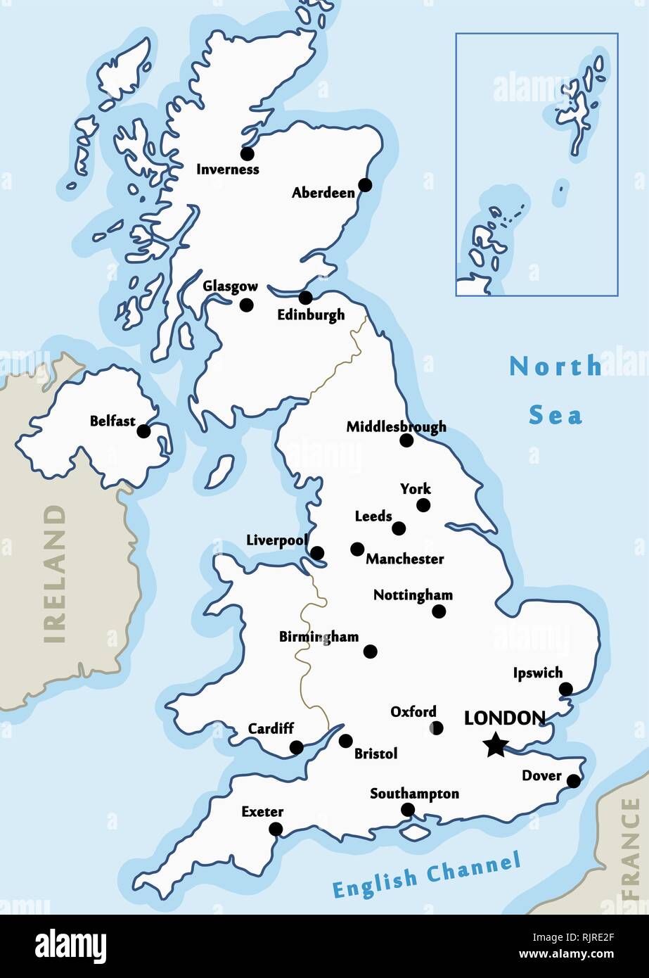 Großbritannien Karte Vektor - größere Städte auf der Karte von Großbritannien gekennzeichnet. Stock Vektor