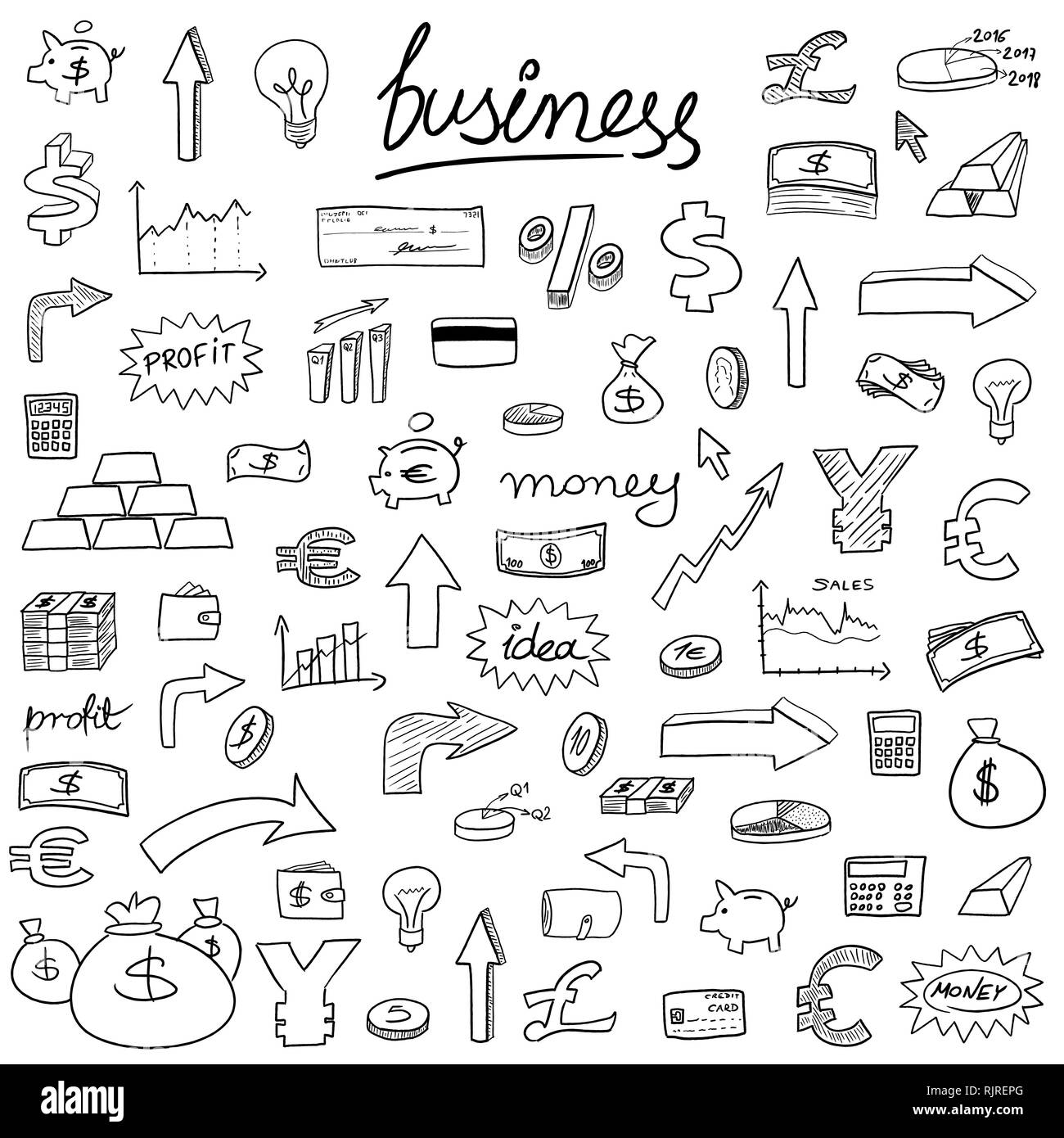Business Icons - Doodle style Abbildung mit Geld, Währung und Finanzen Objekt Symbole. Stock Vektor
