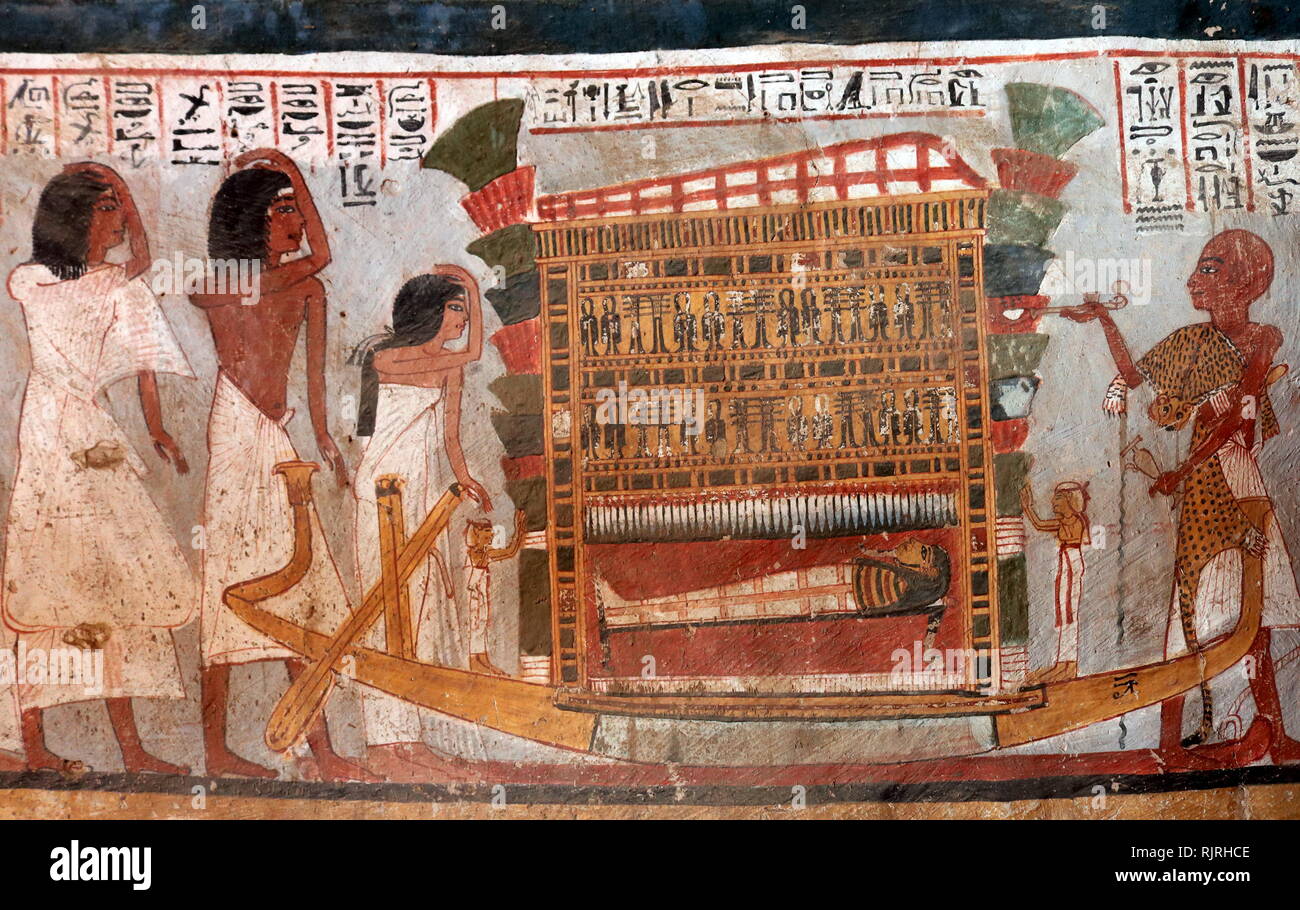 Wandmalerei in der thebanischen Grab von Roy (TT 255), in Dra' Abu el-Naga'. Er ist Teil der Thebanischen Nekropole, befindet sich auf dem Westufer des Nils gegenüber von Luxor. Das Grab ist die Begräbnisstätte der Alten Ägyptischen Beamten, Roy, die am Ende der 18. Dynastie lebte, während der Herrschaft von Haremhab. Roy war ein königlicher Schreiber in der Nachlässe von Haremhab und des Amun. Seine Frau, die mit ihm in das Grab Gemälde angezeigt wird, wird als Nebtawy, oder 'Tawy' benannt Stockfoto