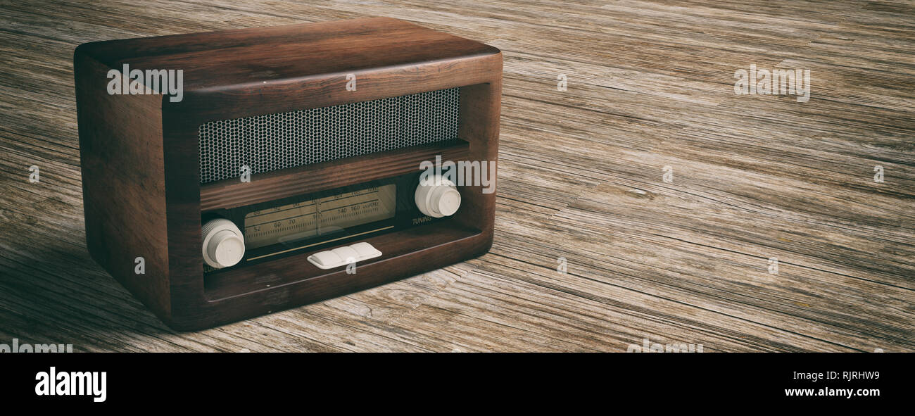 Vintage, Retro Radio. Radio altmodisch auf Holzboden Hintergrund, Banner. 3D-Darstellung Stockfoto