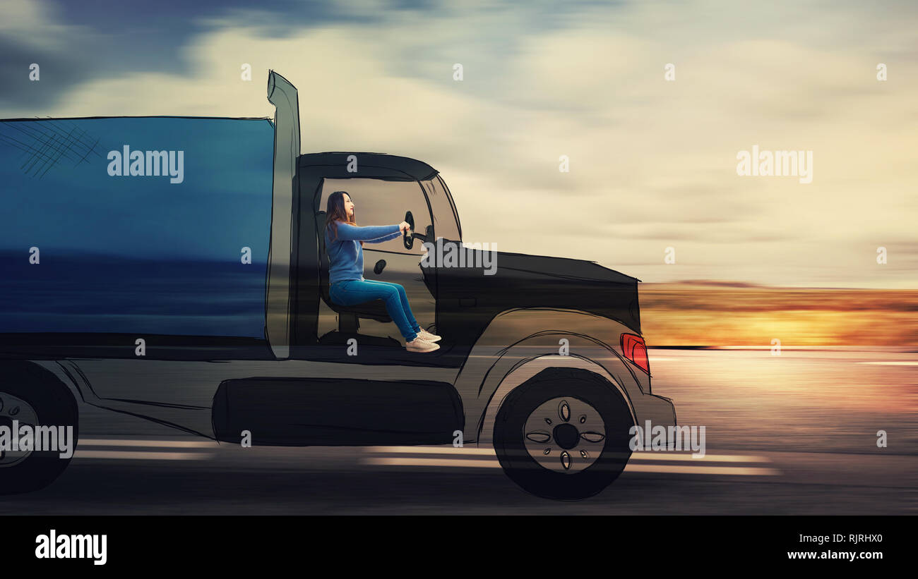 Selbstbewussten jungen Frau, die ein Cartoon LKW-Transport auf eine imaginäre Landstraße. Imaginäre Lkw auf Autobahn. Stockfoto