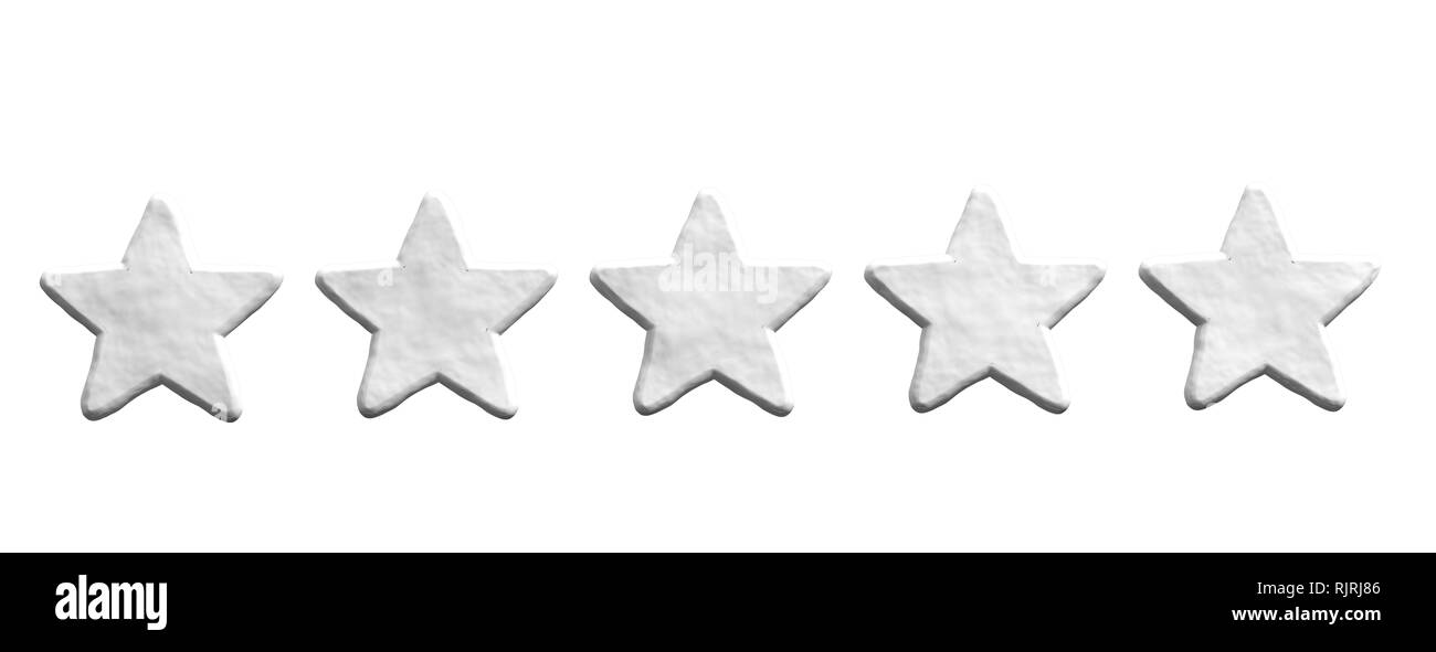5 Sterne Klassifizierung, Kundenfeedback Konzept. Fünf weiße Sterne auf weißem Hintergrund, Banner. 3D-Darstellung Stockfoto